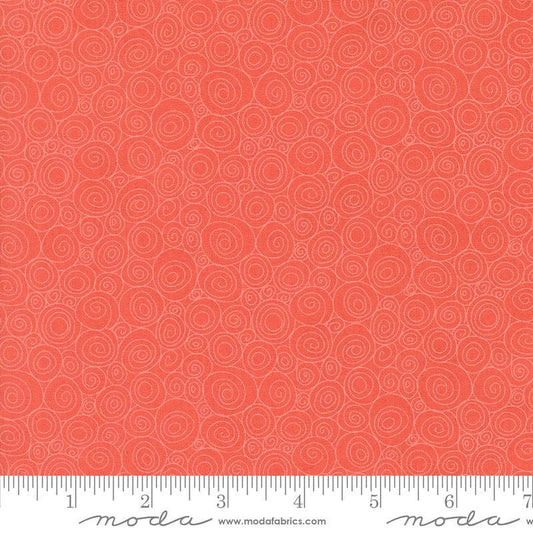 Image of the Sunday Brunch Grits Bloody Mary quilting cotton fabric by Moda Fabrics. Features swirls on a red background. Cute Little Fabric Shop