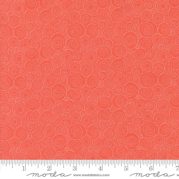 Image of the Sunday Brunch Grits Bloody Mary quilting cotton fabric by Moda Fabrics. Features swirls on a red background. Cute Little Fabric Shop