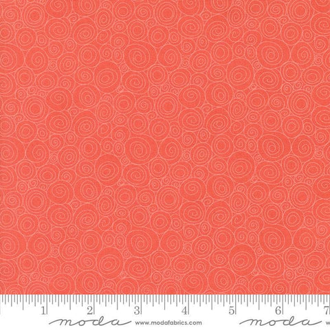 Image of the Sunday Brunch Grits Bloody Mary quilting cotton fabric by Moda Fabrics. Features swirls on a red background. Cute Little Fabric Shop