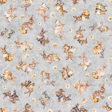 Image of the Hunny Bunny Tossed Bunnies Gray quilting cotton fabric by Morris Creative Group by QT Fabrics. Features bunnies on a gray background. Cute Little Fabric Shop