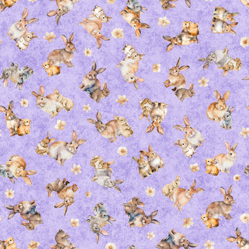 Image of the Hunny Bunny Tossed Bunnies Lilac quilting cotton fabric by Morris Creative Group by QT Fabrics. Features bunnies on a purple background. Cute Little Fabric Shop