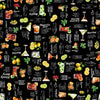Image of the That's the Spirit Cocktails & Recipes Black quilting cotton fabric by Morris Creative Group for QT Fabrics. Features drinks on a black background. Cute Little Fabric Shop