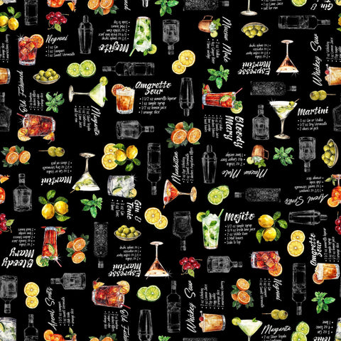 Image of the That&#39;s the Spirit Cocktails & Recipes Black quilting cotton fabric by Morris Creative Group for QT Fabrics. Features drinks on a black background. Cute Little Fabric Shop