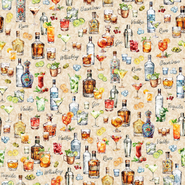 Image of the That&#39;s the Spirit Liquor Bottles & Cocktails Oatmeal quilting cotton fabric by Morris Creative Group for QT Fabrics. Features drinks on a cream background. Cute Little Fabric Shop