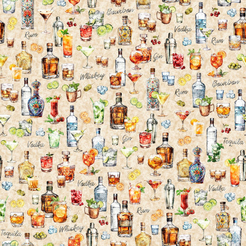 Image of the That&#39;s the Spirit Liquor Bottles & Cocktails Oatmeal quilting cotton fabric by Morris Creative Group for QT Fabrics. Features drinks on a cream background. Cute Little Fabric Shop