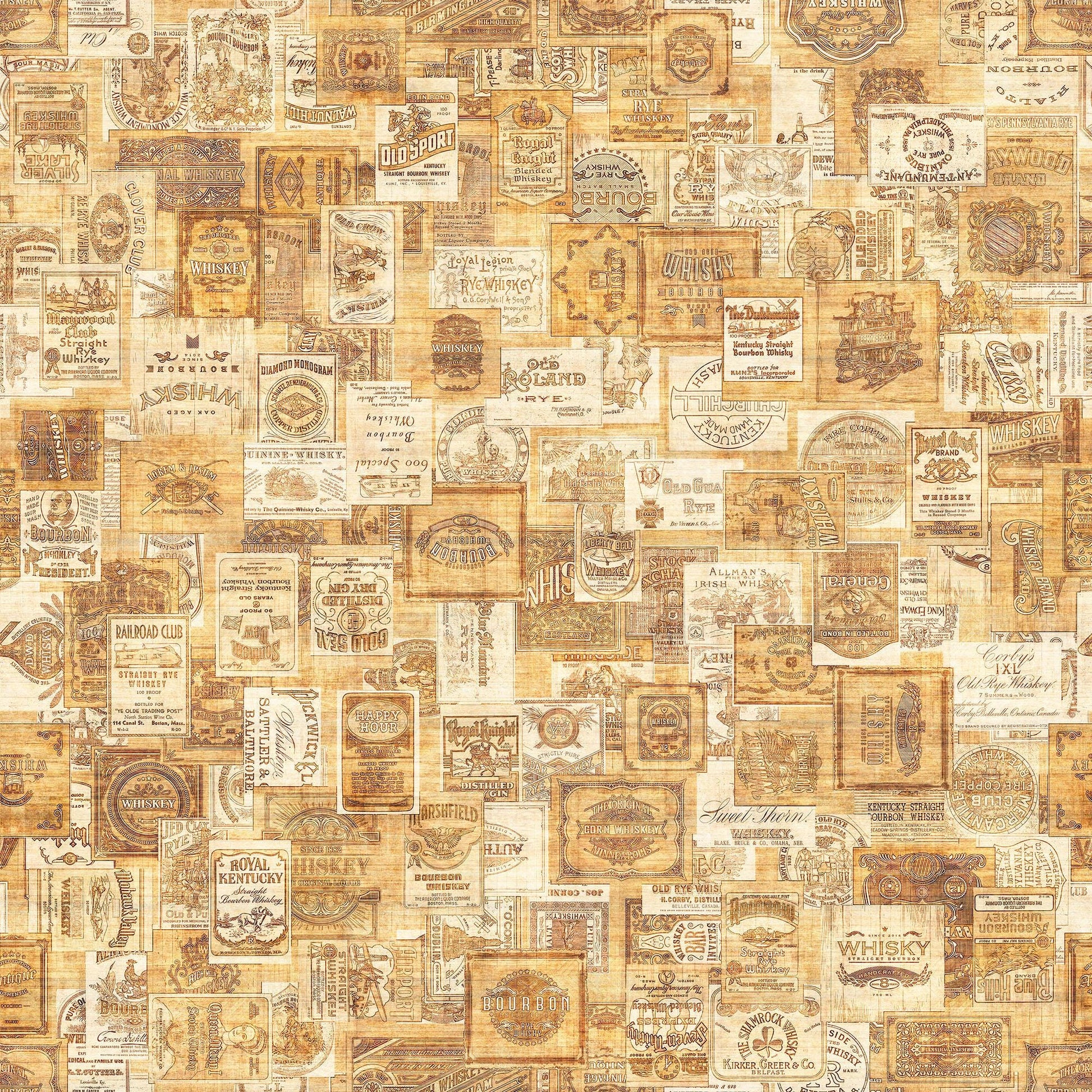 Image of the That's the Spirit Liquor Bottle Labels Honey quilting cotton fabric by Morris Creative Group for QT Fabrics. Features drinks on a honey background. Cute Little Fabric Shop