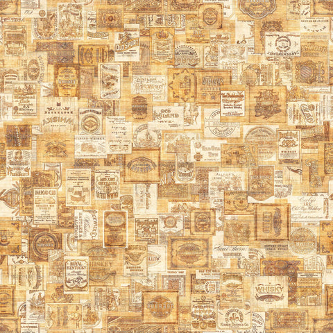 Image of the That&#39;s the Spirit Liquor Bottle Labels Honey quilting cotton fabric by Morris Creative Group for QT Fabrics. Features drinks on a honey background. Cute Little Fabric Shop