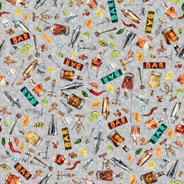 Image of the That's the Spirit Bartender Toss Gray quilting cotton fabric by Morris Creative Group for QT Fabrics. Features drink supplies on a gray background. Cute Little Fabric Shop