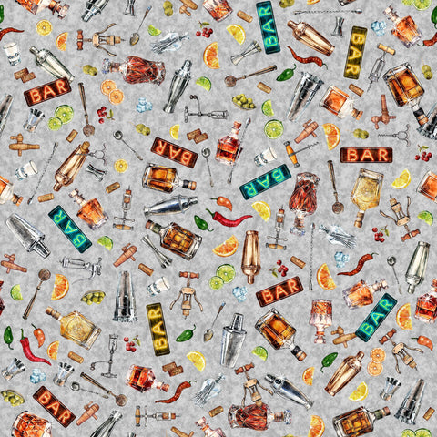 Image of the That&#39;s the Spirit Bartender Toss Gray quilting cotton fabric by Morris Creative Group for QT Fabrics. Features drink supplies on a gray background. Cute Little Fabric Shop