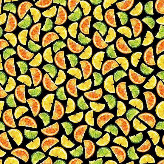 Image of the That's the Spirit Citrus Slices Black quilting cotton fabric by Morris Creative Group for QT Fabrics. Features citrus on a black background. Cute Little Fabric Shop