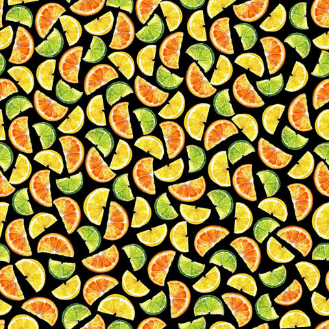 Image of the That&#39;s the Spirit Citrus Slices Black quilting cotton fabric by Morris Creative Group for QT Fabrics. Features citrus on a black background. Cute Little Fabric Shop