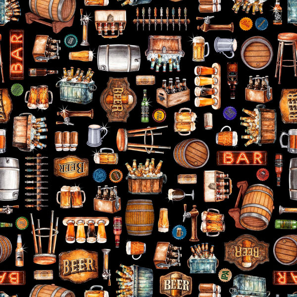 Image of the Brewmaster Everything Beer Black quilting cotton by QT Fabrics. Features beer kegs on a black background. Cute Little Fabric Shop