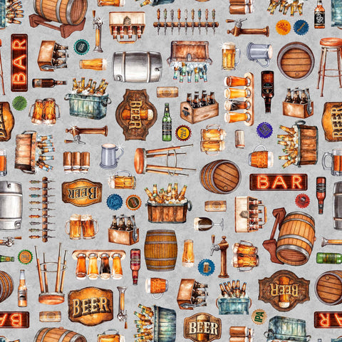 Image of the Brewmaster Everything Beer Gray quilting cotton by QT Fabrics. Features beer kegs on a gray background. Cute Little Fabric Shop