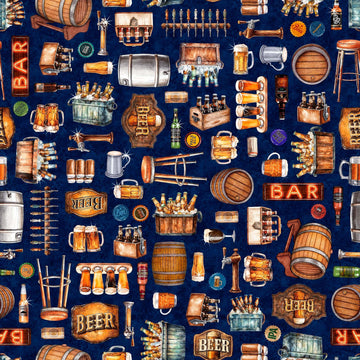 Image of the Brewmaster Everything Beer Navy quilting cotton by QT Fabrics. Features beer kegs on a navy background. Cute Little Fabric Shop