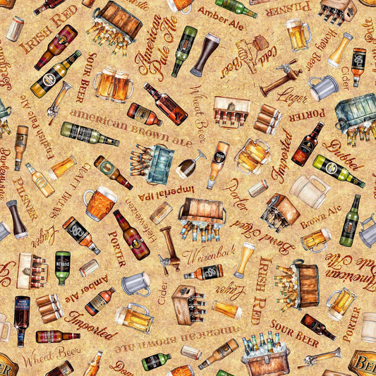 Image of the Brewmaster Beer Toss Tan quilting cotton by QT Fabrics. Features beer on a tan background. Cute Little Fabric Shop