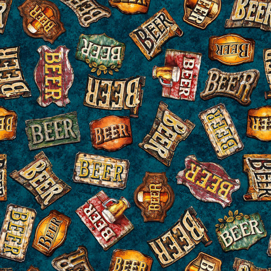 Image of the Brewmaster Beer Signs Toss Teal quilting cotton by QT Fabrics. Features beer on a teak background. Cute Little Fabric Shop