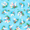 Image of the Hoppy Easter Easter Bunnies Blue quilting cotton fabric by EunYoung Otsuki for QT Fabrics. Features bunnies on a blue background. Cute Little Fabric Shop