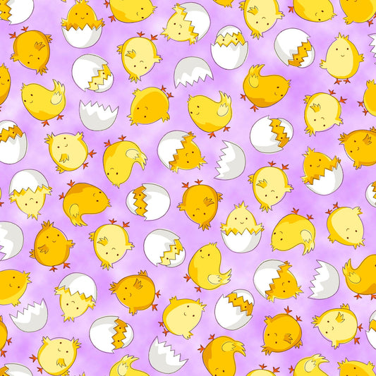 Image of the Hoppy Easter Chicks Lilac quilting cotton fabric by EunYoung Otsuki for QT Fabrics. Features chicks on a purple background. Cute Little Fabric Shop