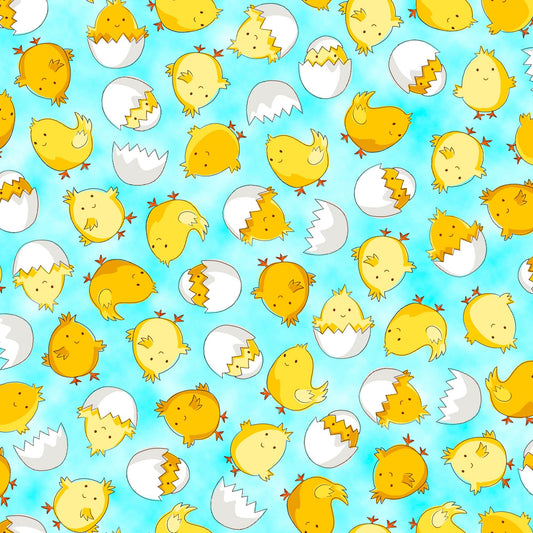Image of the Hoppy Easter Chicks Light Blue quilting cotton fabric by EunYoung Otsuki for QT Fabrics. Features chicks on a blue background. Cute Little Fabric Shop