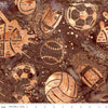 Image of the Expressions Batiks Let's Play Ball! Mocha Chestnut quilting cotton batik fabric by Riley Blake Designs. Features sports balls on a brown fabric. 
Cute Little Fabric Shop