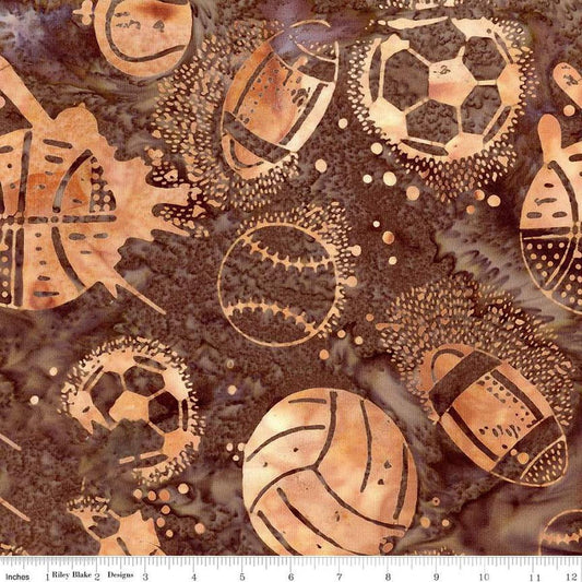 Image of the Expressions Batiks Let's Play Ball! Mocha Chestnut quilting cotton batik fabric by Riley Blake Designs. Features sports balls on a brown fabric. 
Cute Little Fabric Shop