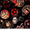 Image of the Expressions Batiks Lets Play Ball! Organza quilting cotton batik fabric by Riley Blake Designs. Features sports balls on a black fabric. 
Cute Little Fabric Shop