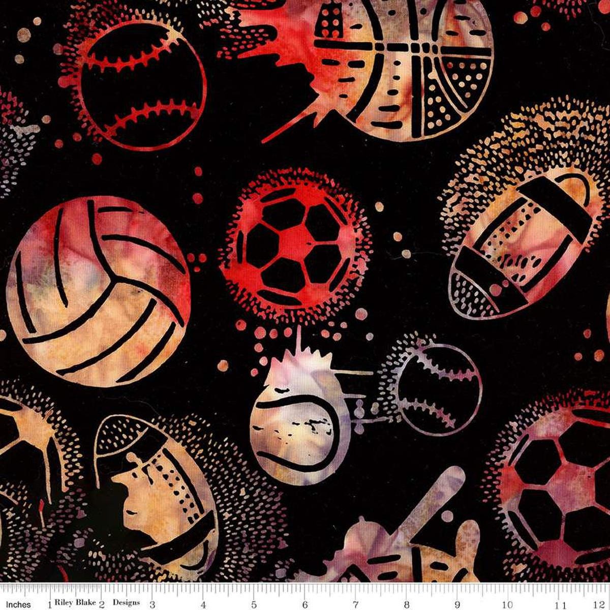Image of the Expressions Batiks Lets Play Ball! Organza quilting cotton batik fabric by Riley Blake Designs. Features sports balls on a black fabric. 
Cute Little Fabric Shop