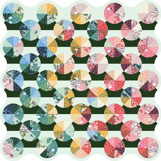 Image of the Love Letter Boxed Quilt Kit by Lizzy House for Moda Fabrics. Features floral fabric with bright colors in circles on a quilt. 
Cute Little Fabric Shop