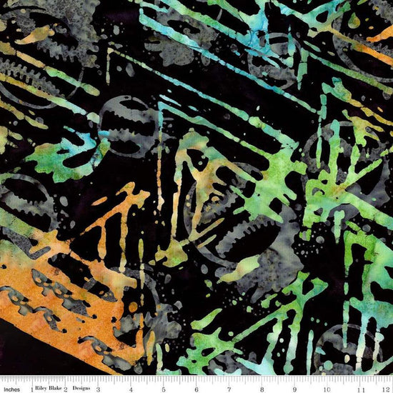 Image of the Expressions Batiks Lets Play Ball! Marmalade Splash quilting cotton batik fabric by Riley Blake Designs. Features sports balls and stripes on a black fabric. 
Cute Little Fabric Shop