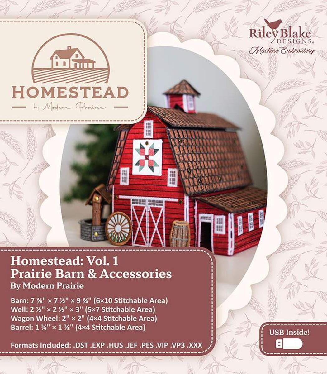 Image of the Machine Embroidery Homestead Prairie Barn quilt pattern USB drive by Modern Praire for Riley Blake Designs. Features a free standing barn with accessories. 
Cute Little Fabric Shop