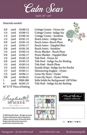 Image of the Calm Seas quilt pattern by Sweetfire Road for Moda Fabrics. Features the fabric requirements for the quilt.
Cute Little Fabric Shop