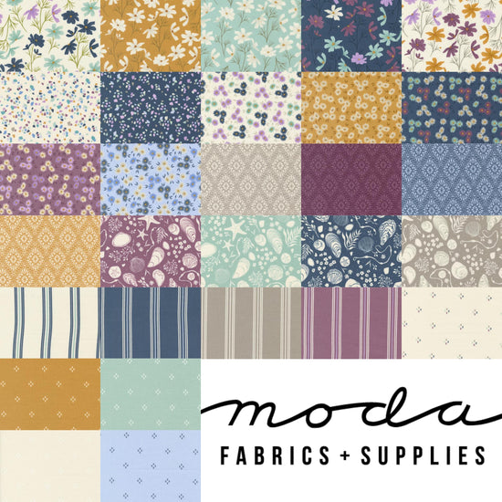 Image of the Seaglass Summer collage by Sweetfire Road for Moda Fabrics. Features floral and beach themed fabrics. 
Cute Little Fabric Shop