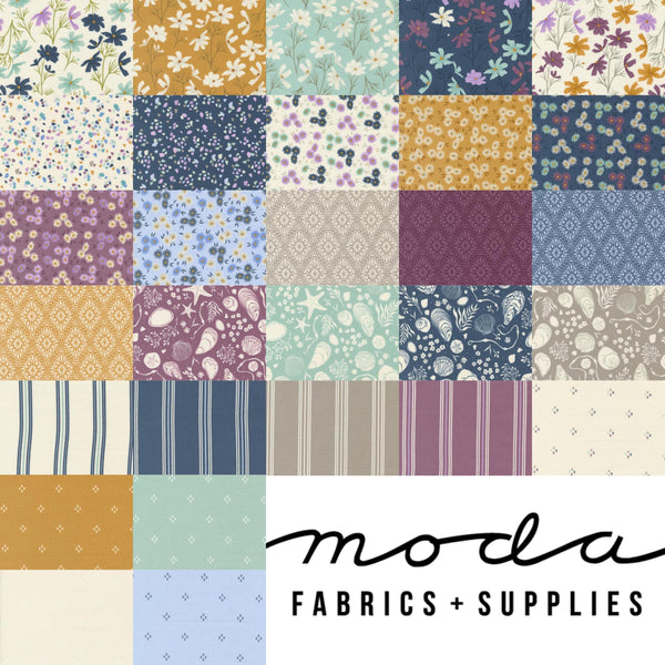 Image of the Seaglass Summer collage by Sweetfire Road for Moda Fabrics. Features floral and beach themed fabrics. 
Cute Little Fabric Shop