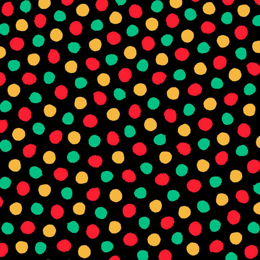 Image of the Vroom Vroom Dots Black quilting cotton fabric by QT Fabrics. Features small dots on a black background. Cute Little Fabric Shop