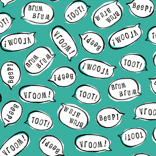 Image of the Vroom Vroom Car Sounds Text Teal quilting cotton fabric by QT Fabrics. Features car sounds on a teal background. Cute Little Fabric Shop
