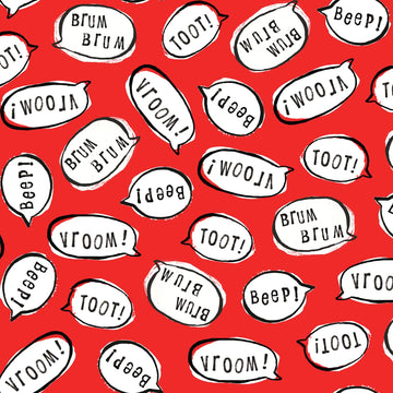 Image of the Vroom Vroom Car Sounds Text Red quilting cotton fabric by QT Fabrics. Features car sounds on a red background. Cute Little Fabric Shop