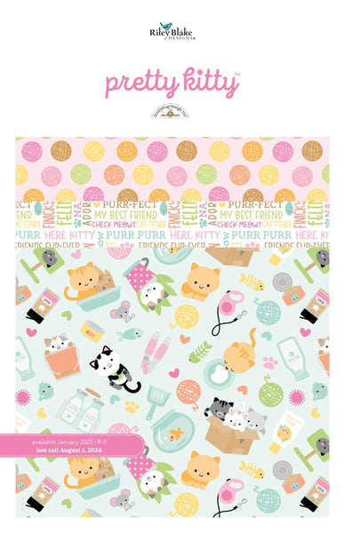 Image of the Pretty Kitty Storyboard by Doodlebug Design Inc. for Riley Blake Designs. Features cat themed fabrics on various backgrounds. 
Cute Little Fabric Shop