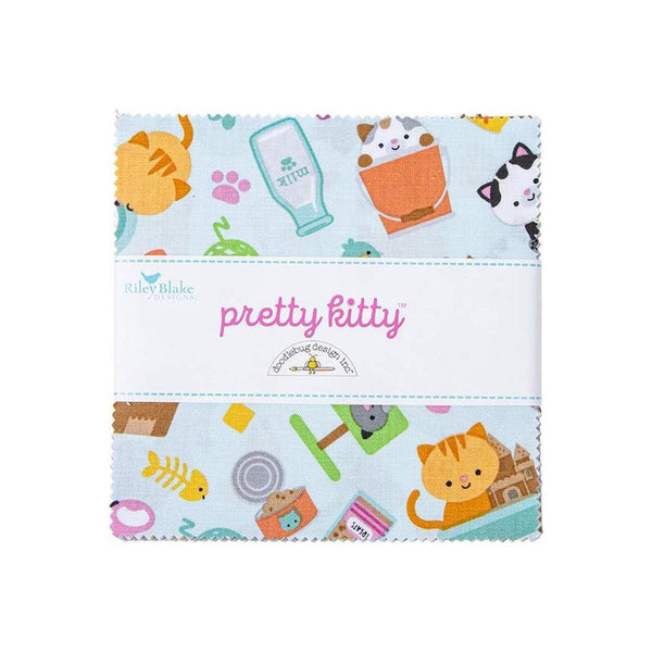 Image of the Pretty Kitty 5 inch stacker by Doodlebug Design Inc. for Riley Blake Designs. Features cat themed fabrics on various backgrounds. 
Cute Little Fabric Shop