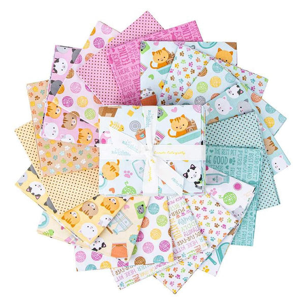 Image of the Pretty Kitty fat quarter bundle by Doodlebug Design Inc. for Riley Blake Designs. Features cat themed fabrics on various backgrounds. 
Cute Little Fabric Shop