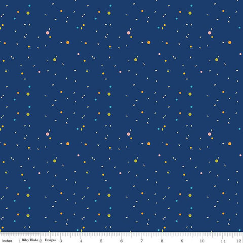 Image of the Pop &#39;n Play Confetti Navy quilting cotton fabric by Fisher-Price for Riley Blake Designs. Features spots on a blue background. Cute Little Fabric Shop