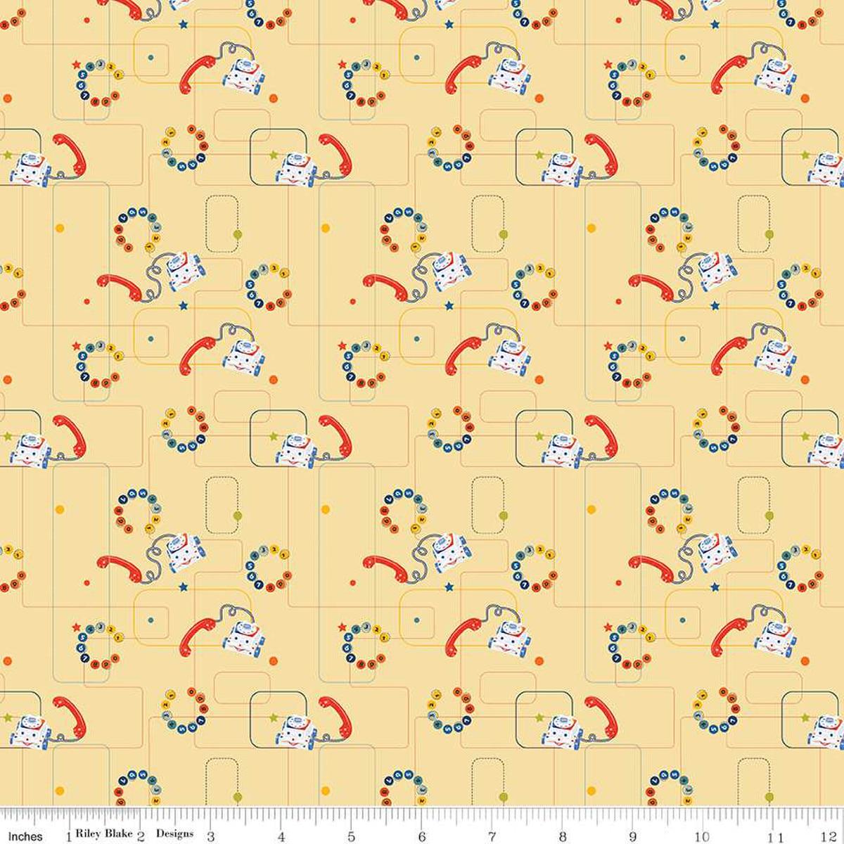 Image of the Pop 'n Play Phones Yellow quilting cotton fabric by Fisher-Price for Riley Blake Designs. Features phones on a yellow background. Cute Little Fabric Shop