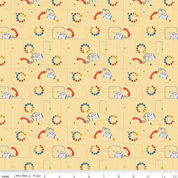 Image of the Pop 'n Play Phones Yellow quilting cotton fabric by Fisher-Price for Riley Blake Designs. Features phones on a yellow background. Cute Little Fabric Shop