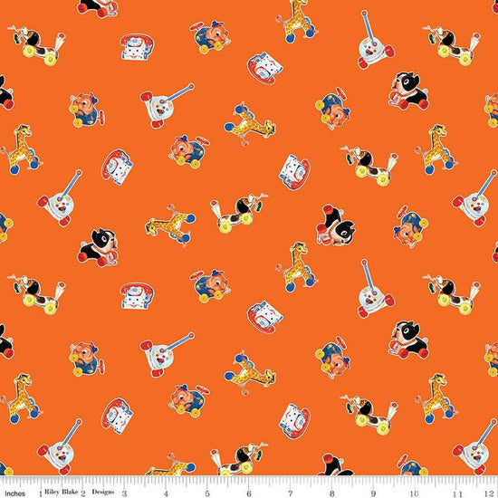 Image of the Pop 'n Play Caricature Toss Orange quilting cotton fabric by Fisher-Price for Riley Blake Designs. Features toys on an orange background. Cute Little Fabric Shop