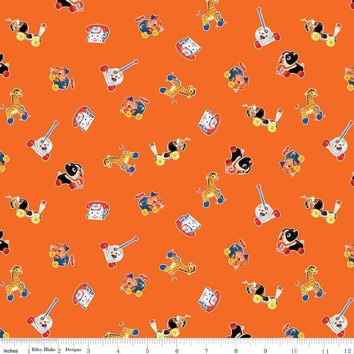 Image of the Pop 'n Play Caricature Toss Orange quilting cotton fabric by Fisher-Price for Riley Blake Designs. Features toys on an orange background. Cute Little Fabric Shop