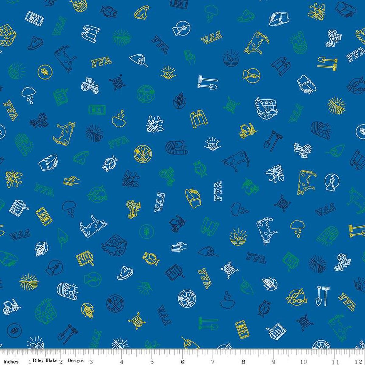 Image of the FFA Forever Blue 2 Icons Blue quilting cotton fabric by Riley Blake Designs. Features symbols on a blue background. Official Licensed Product. Cute Little Fabric Shop