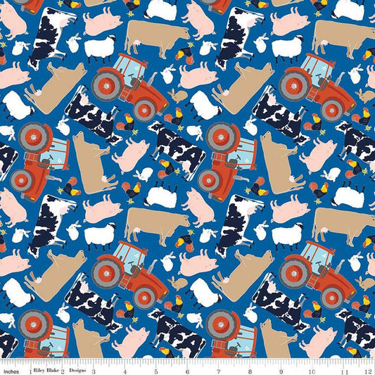 Image of the FFA Forever Blue 2 Animals Blue quilting cotton fabric by Riley Blake Designs. Features animals on a blue background. Official Licensed Product. Cute Little Fabric Shop