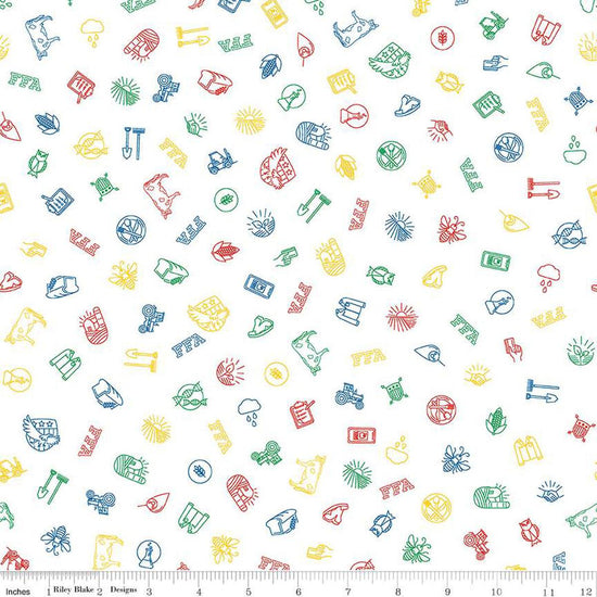 Image of the FFA Forever Blue 2 Icons White quilting cotton fabric by Riley Blake Designs. Features symbols on a white background. Official Licensed Product. Cute Little Fabric Shop
