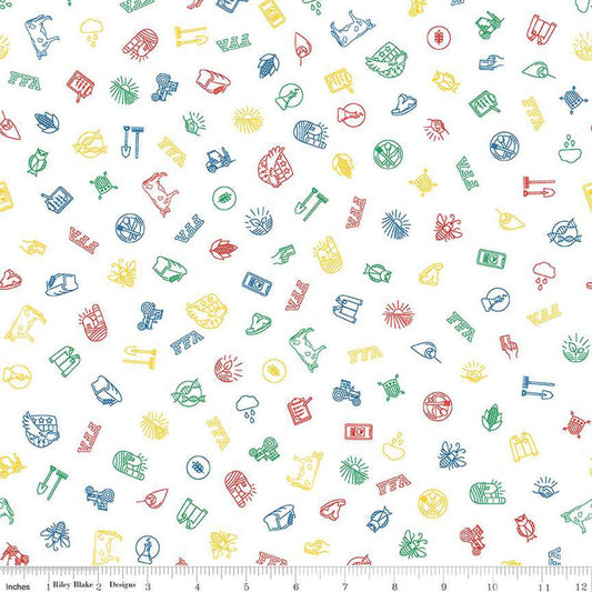 Image of the FFA Forever Blue 2 Icons White quilting cotton fabric by Riley Blake Designs. Features symbols on a white background. Official Licensed Product. Cute Little Fabric Shop