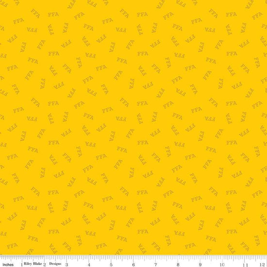 Image of the FFA Forever Blue 2 Logo Toss Yellow quilting cotton fabric by Riley Blake Designs. Features text on a yellow background. Official Licensed Product. Cute Little Fabric Shop