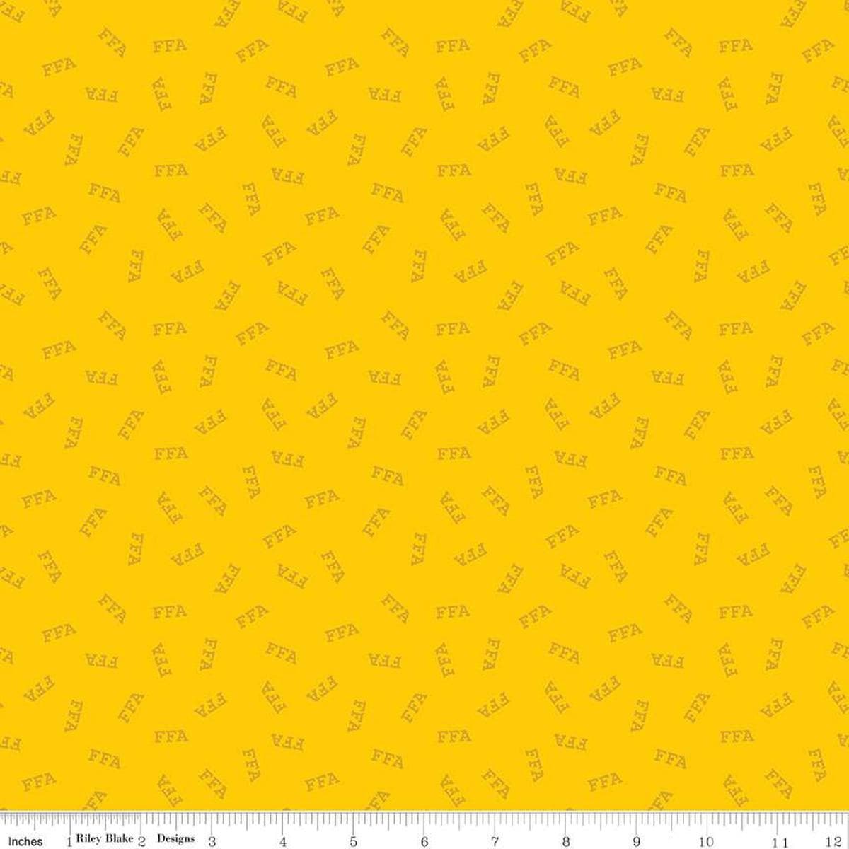 Image of the FFA Forever Blue 2 Logo Toss Yellow quilting cotton fabric by Riley Blake Designs. Features text on a yellow background. Official Licensed Product. Cute Little Fabric Shop